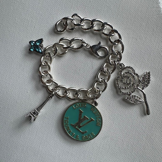 Silver Teal V Charm Bracelet